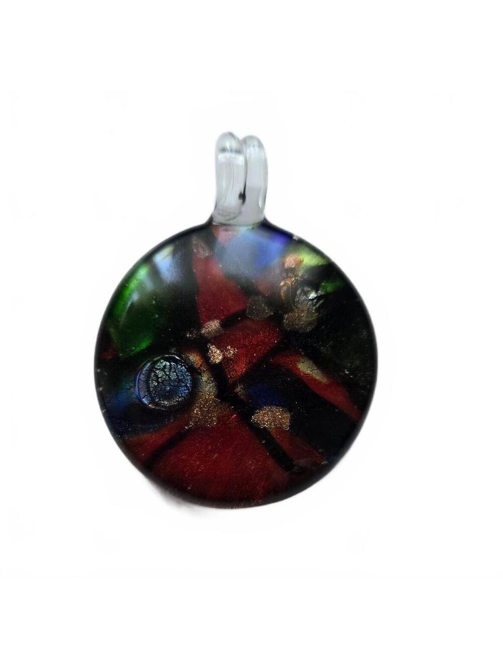 Pendant: Handblown Vintage Glass Round Dichroic Foil Abstract Art
